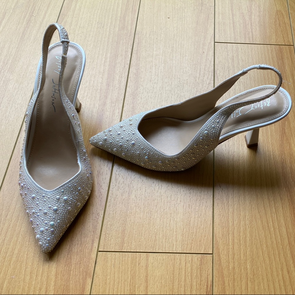 Betsey Johnson Cream Heels with Intricate Pearl Design